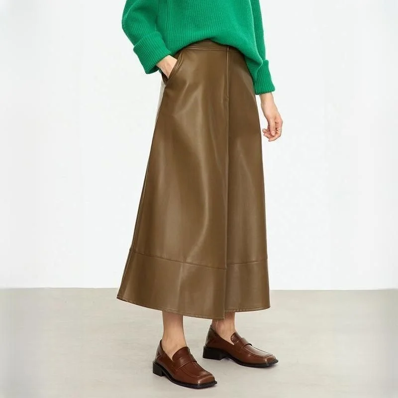 Street Fashion Style Autumn Elegance PU Leather Midi Skirt