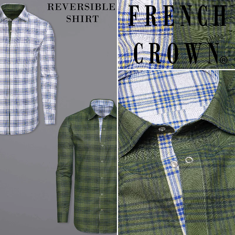 Retro Skirt Design Wood Green and Bright White Plaid Royal Oxford Reversible Shirt