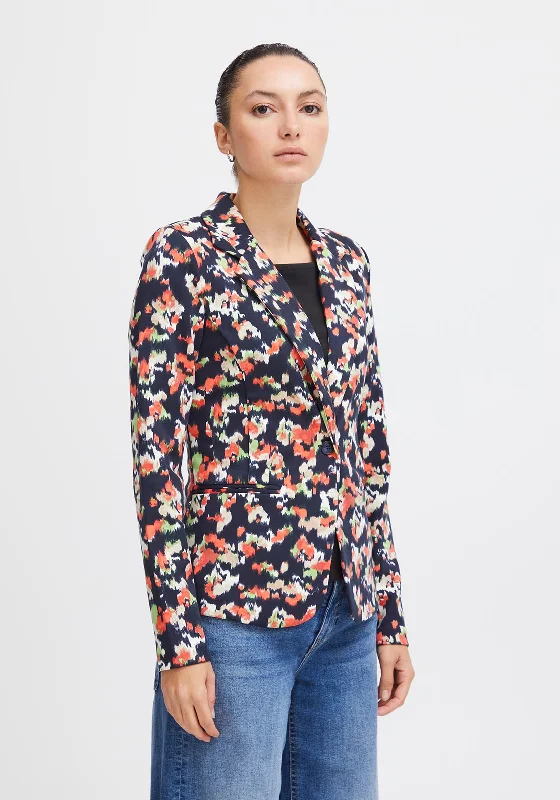 Mid-length Style Ichi Kate Floral Print Blazer Jacket, Total Eclipse