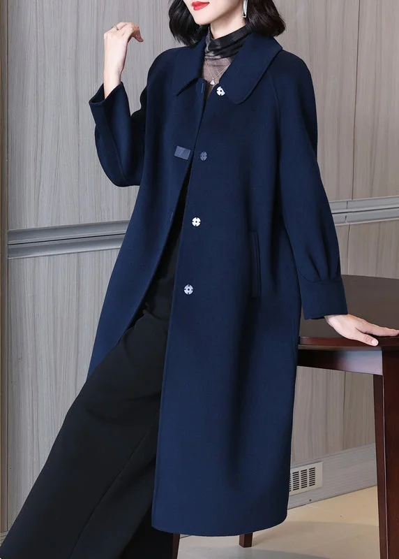 Retro Lace Fabric French Navy Button Pockets Wool Long Coats Spring