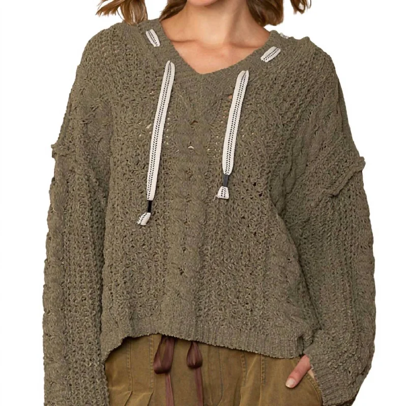 Elegant And Elegant Chenille V-Neck Hoodie Sweater In Moss Khaki