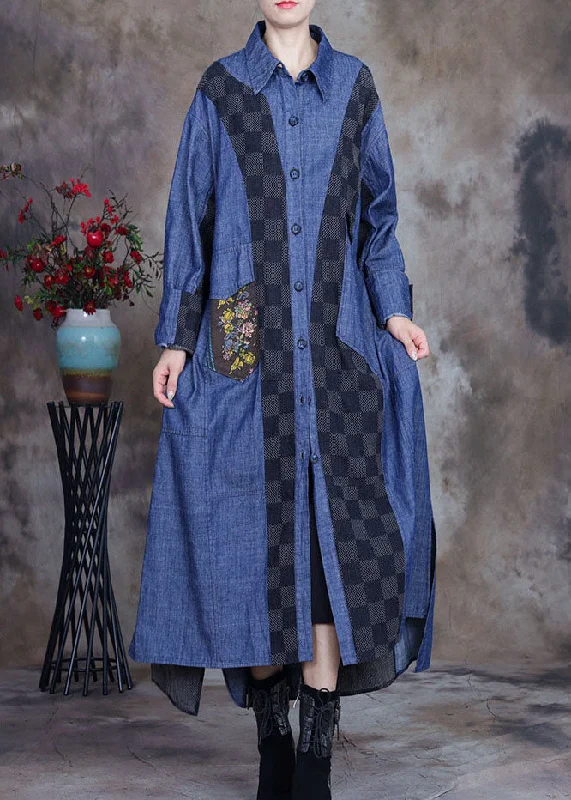 Design And Tailoring Plus Size denim blue Patchwork Plaid asymmetrical design Fall Coats