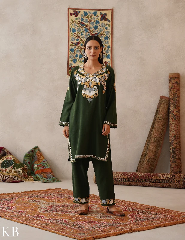 Warm Winter Series meHER Deep Forest Green Kashmiri Aari Woollen Co-ord Set