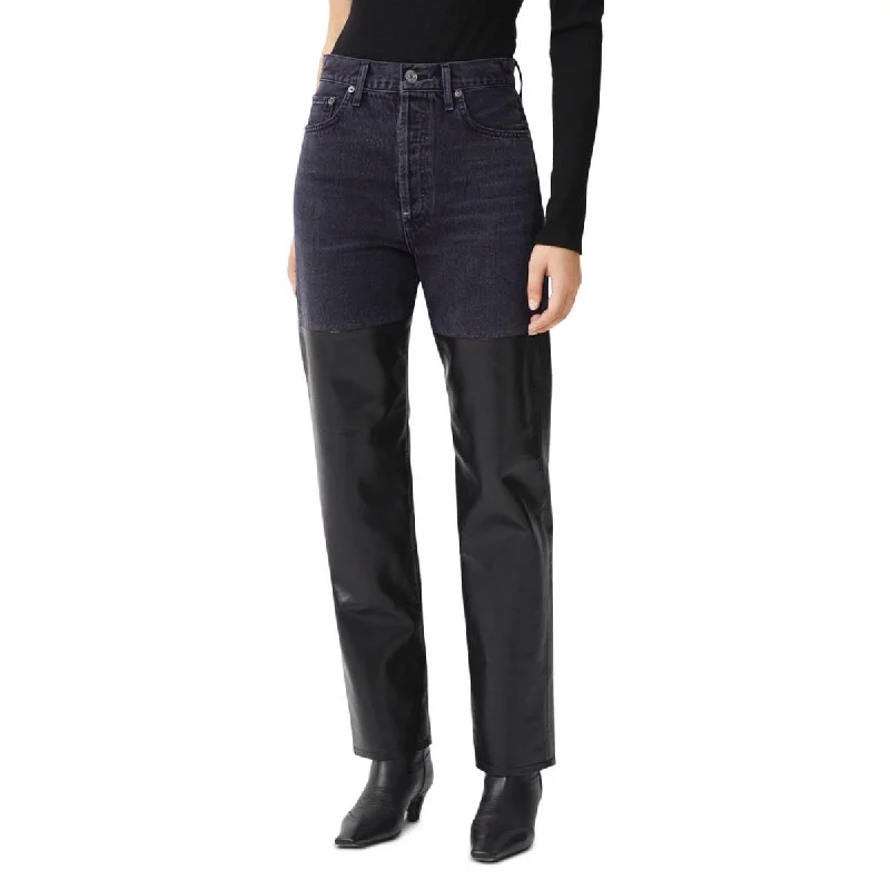 Street Sports Style Agolde Womens Pieced 90's Pinched High Rise Leather Blend Straight Leg Jeans