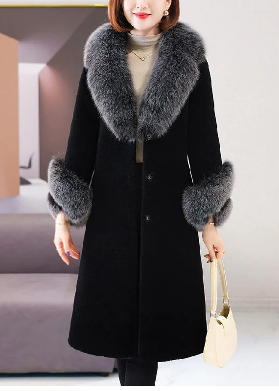 Noble Temperament Beautiful Black Fox Collar Tie Waist Woolen Long Coat Winter