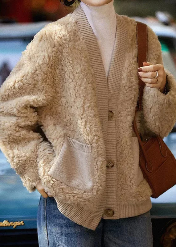 Sweet Chiffon Style Boutique Camel V Neck Pockets Patchwork Wool Jacket Winter