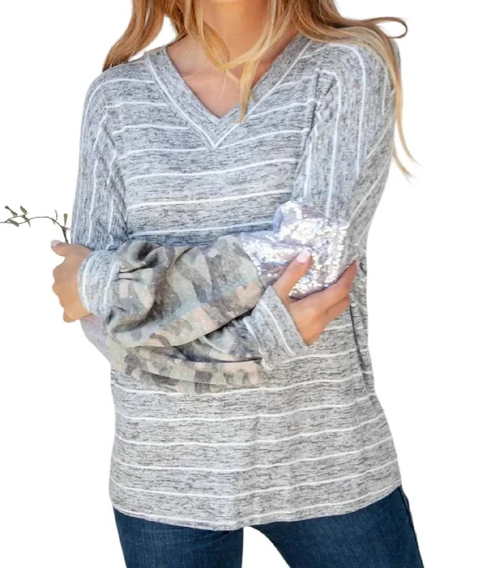 Multi-functional style Silver Sequin Camo Sleeve Sweater In Grey