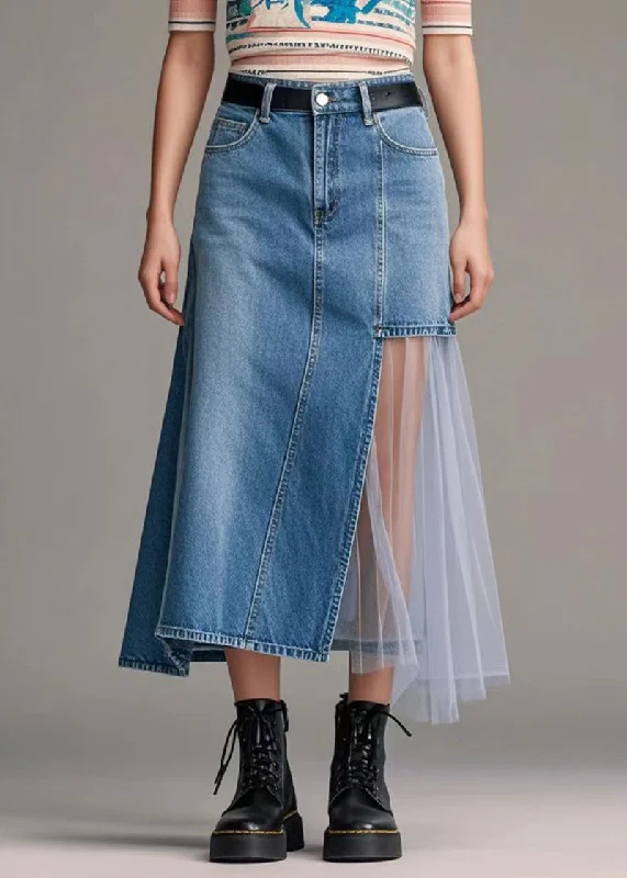 Fashion Style Loose Denim Blue Asymmetrical Patchwork Tulle Holiday Skirt Spring