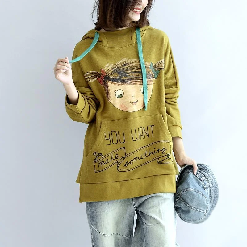 Letter embroidery plus size yellow hoodies cotton pullover tops autumn tops pullover