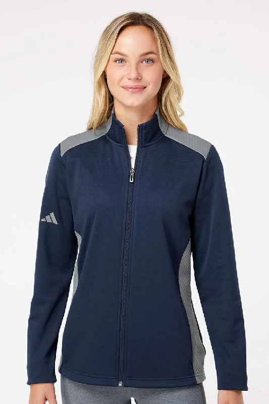 Sports outdoor style Adidas Womens Textured Mixed Media Full Zip Jacket - Collegiate Navy Blue/Grey