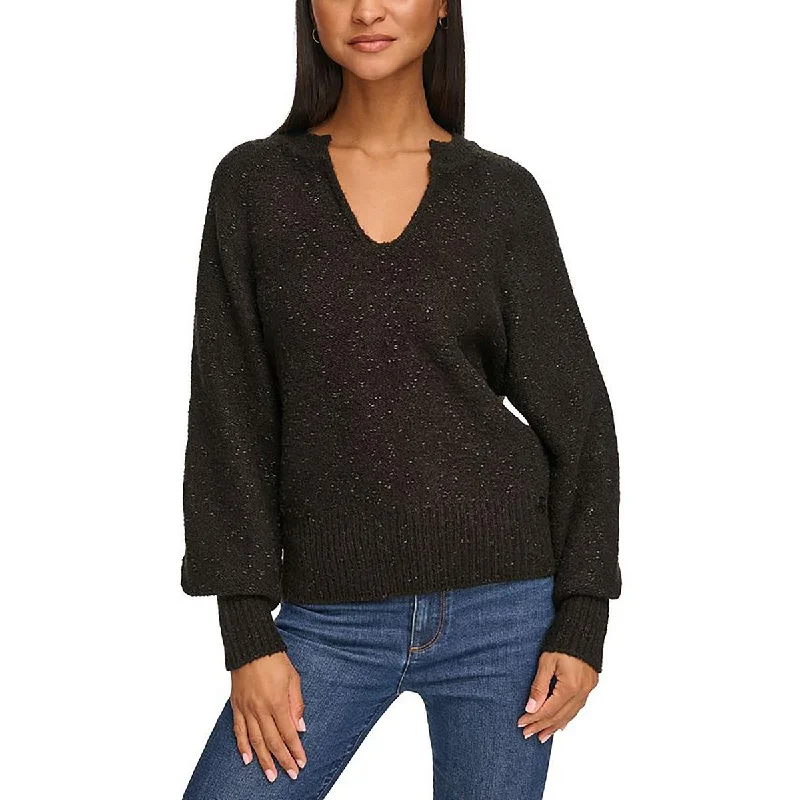 Comfortable and simple Womens Metallic Split-Neck Pullover Sweater