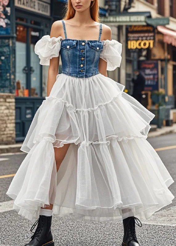 Luxury and fashionable French Puff Sleeve Patchwork Denim Tulle Spaghetti Strap Dress Summer