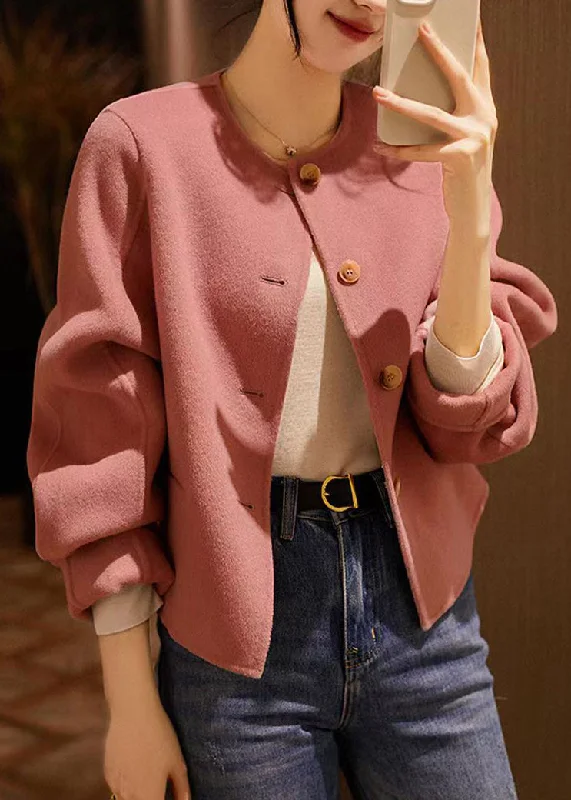 Sports Casual Style Handmade Pink O Neck Button Patchwork Woolen Coats Winter