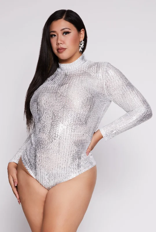 Street Sports Style Plus Size Foil Screen Mock Neck Bodysuit