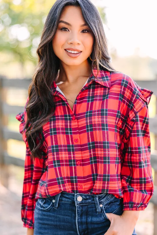 Trendy Traveler Be Both Red Plaid Ruffled Blouse