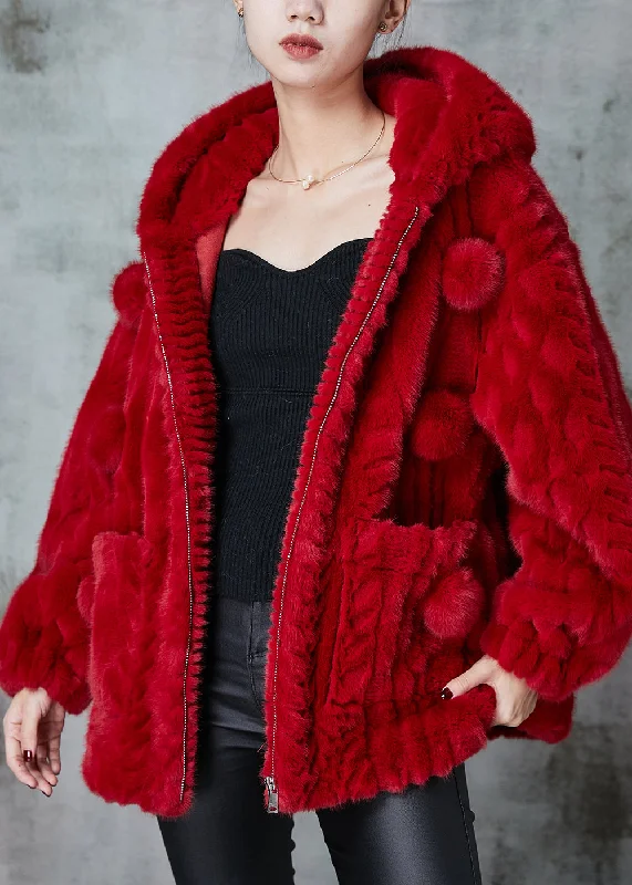 Retro Dress Red Warm Fuzzy Fur Fluffy Coats Fuzzy Ball Decorated Spring