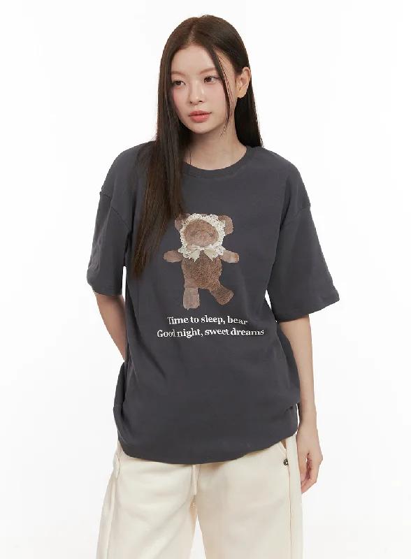 Multi-functional style Lace Detail Graphic Bear Tee OD412