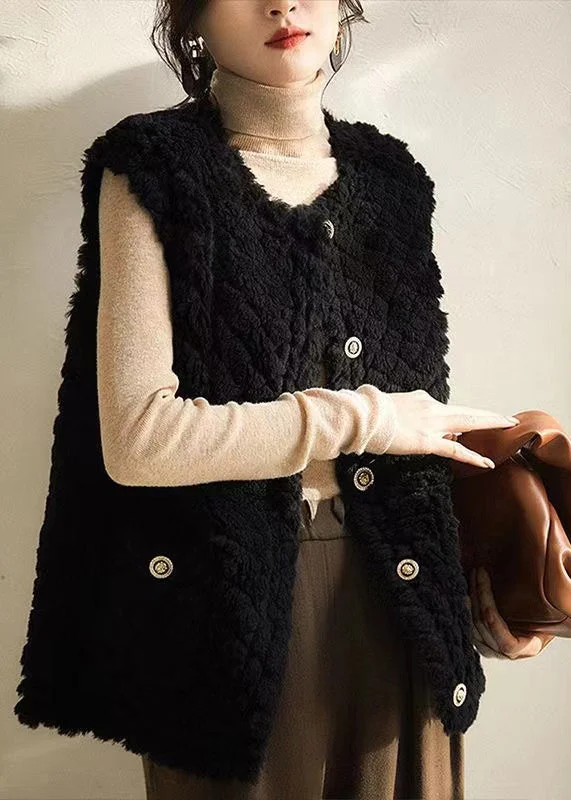 Sports And Leisure Women Black O Neck Button Patchwork Wool Vest Sleeveless