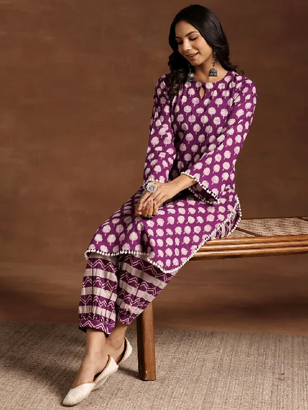 Retro Woolen Jacket Purple Printed Cotton Straight Kurta Set