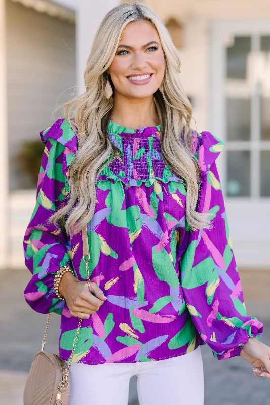 Fun and cute Work It All Out Purple Abstract Blouse