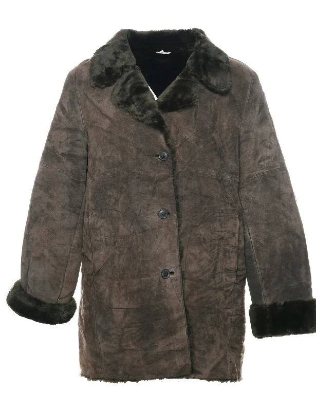 Printed pattern Dark Brown Faux Shearling Suede Jacket - L