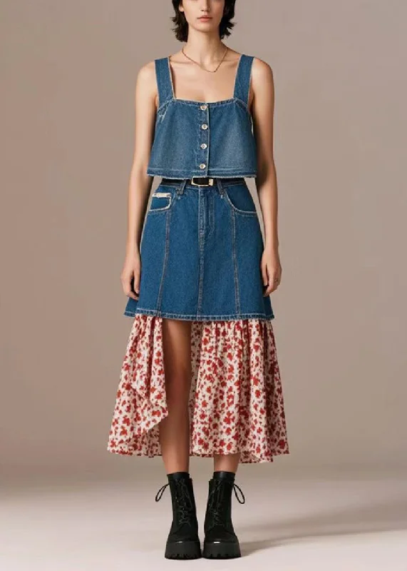 Letter embroidery French Navy High Waist Patchwork Print Denim Skirt Fall