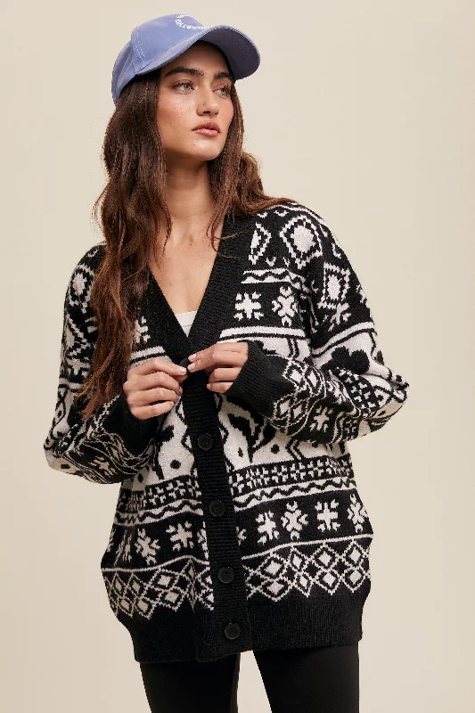 Leisure Travel Black Printed Button Up Cardigan