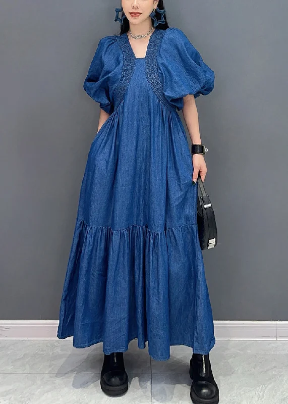 Avant-garde trend Boutique Blue V Neck Puff Sleeve Patchwork Denim Long Dress