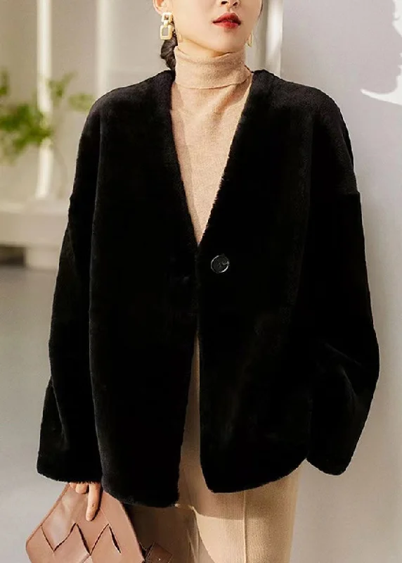 Sweet And Cute Style Italian Black V Neck Button Patchwork Wool Coats Winter