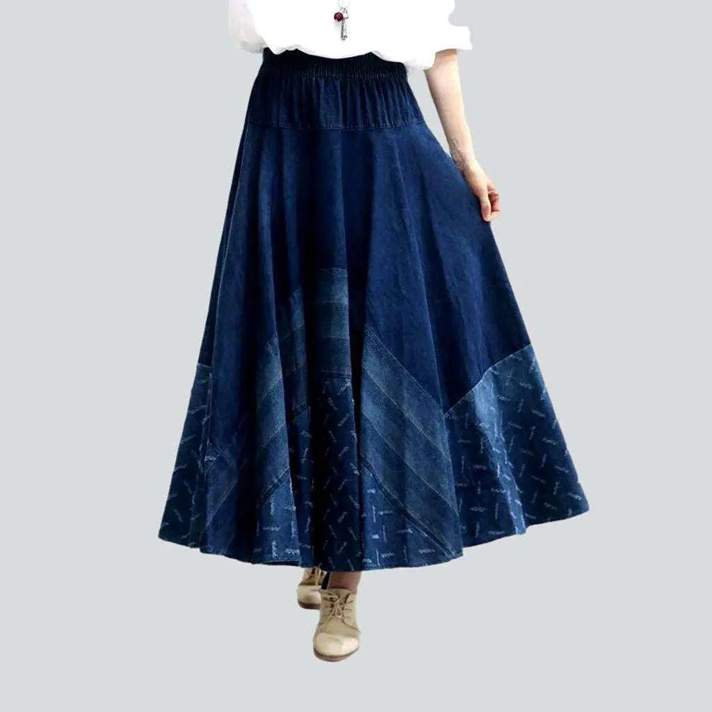 Street Style Suit Embroidered flared boho denim skirt