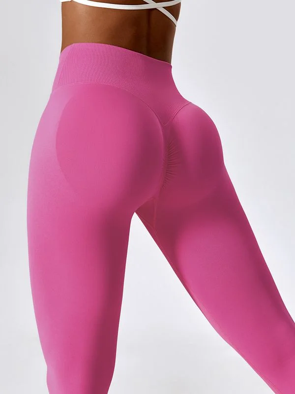 Sweet Pink Color ZASUWA Female Solid Color Seamless Scrunch Bum Leggings