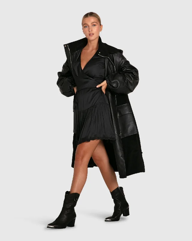 Party Wear Back to Black Oversized Leather Panelled Coat - Black