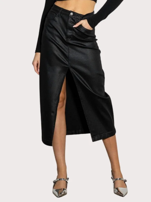 Extra long version Front Slit Midi Coated Skirt In Black