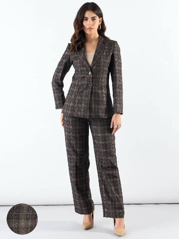 Sports litigation style Brown Notched Lapel Tailored Fit Long Warm Checkered Blazer Paired With Trouser