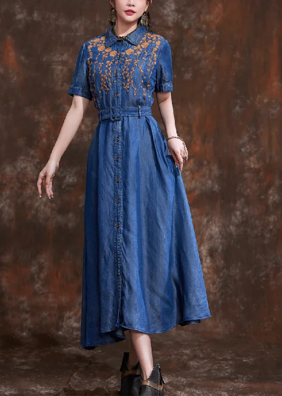 Retro Design Natural Blue Peter Pan Collar Embroidered Slim Long Denim Dress Summer