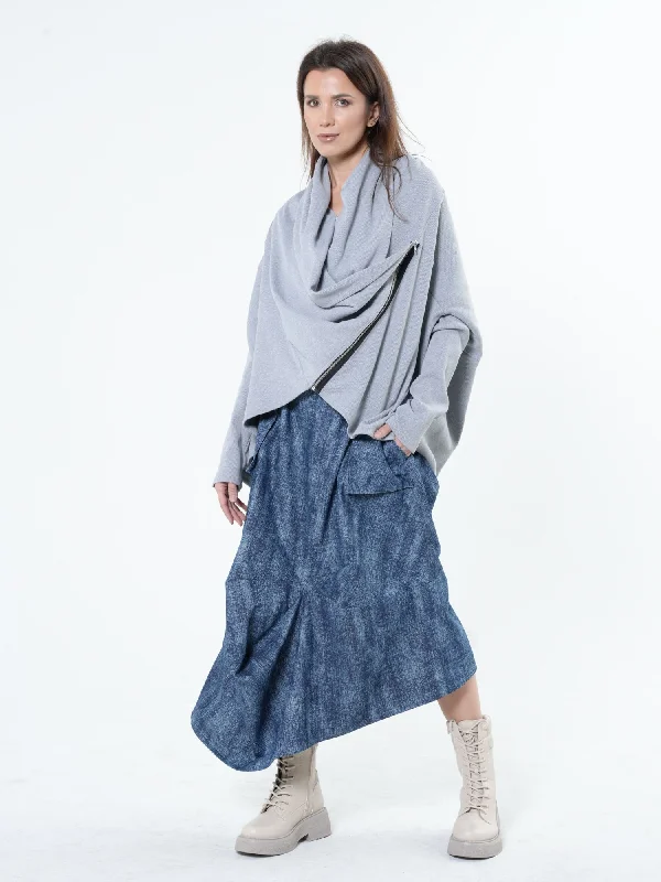 Elegant Style Grey Loose Cardigan With Side Zipper