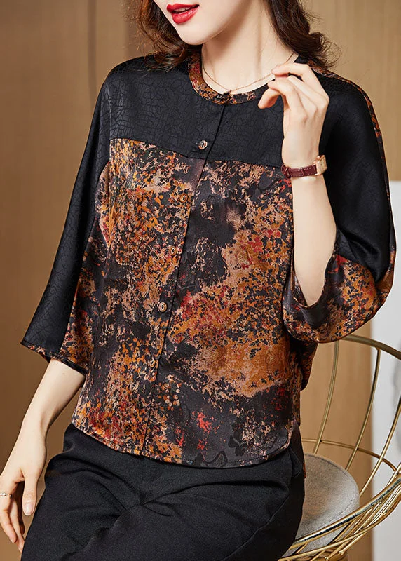 Sweet Small Style Plus Size Yellow Print O-Neck Button Patchwork Silk Shirt Tops Bracelet Sleeve