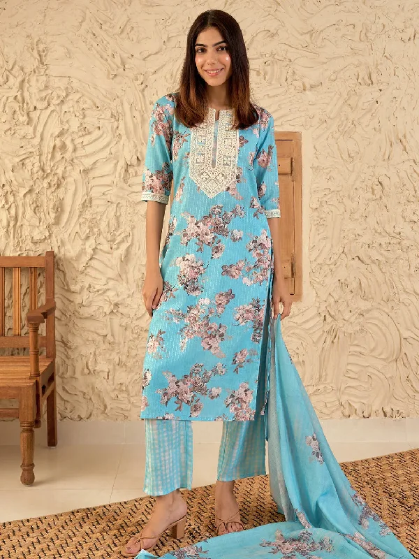 Customized Version Blue Printed Cotton Straight Suit With Dupatta