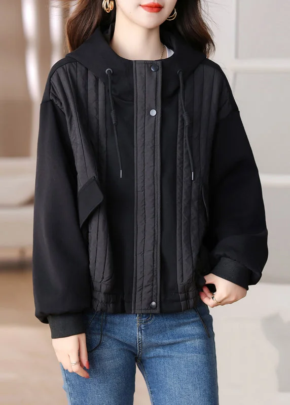 Street Show-off Style Simple Black Drawstring Patchwork Cotton Hoodies Outwear Winter