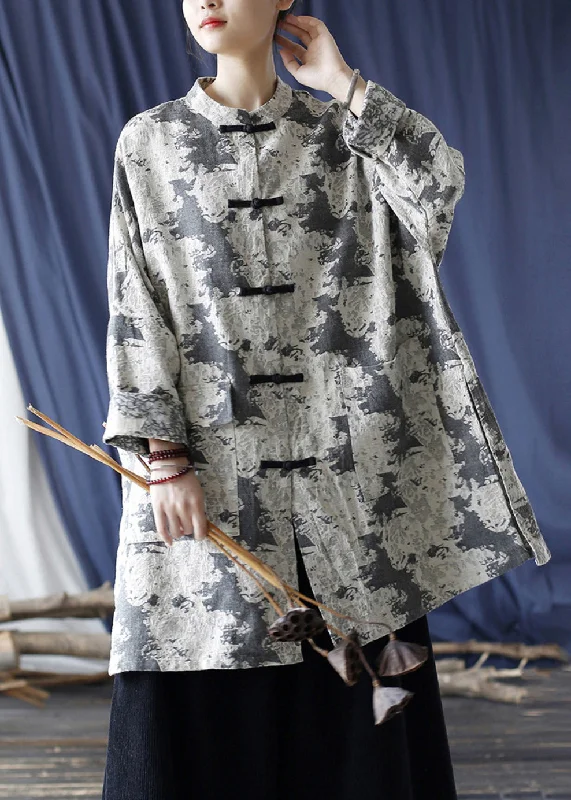 Elegant And Elegant Loose Grey Button Print Pockets Cotton Coats Long Sleeve