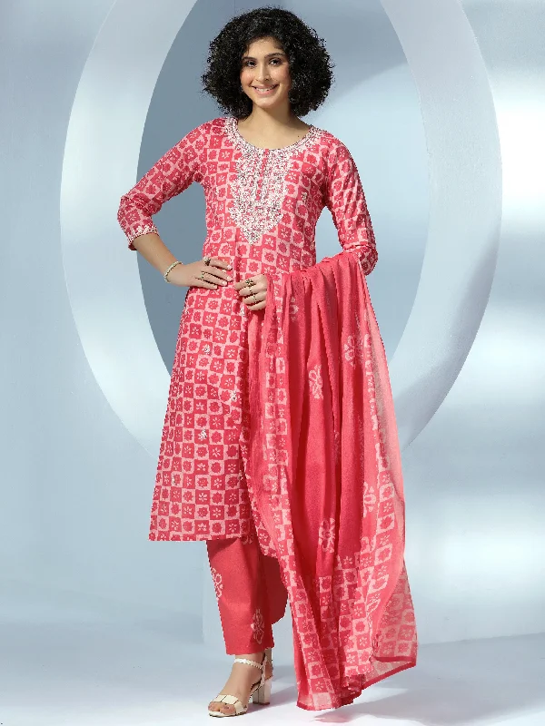 Celebrity Style Coral Printed Cotton Straight Suit With Dupatta