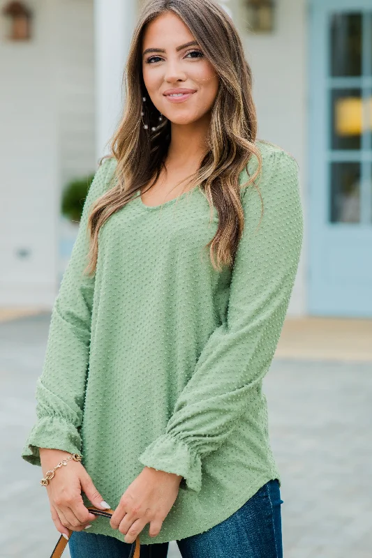 Round neck design All Figured Out Sage Green Swiss Dot Blouse