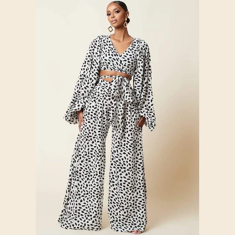 Street Letter Style Women Leopard Print Puff Sleeves Suits