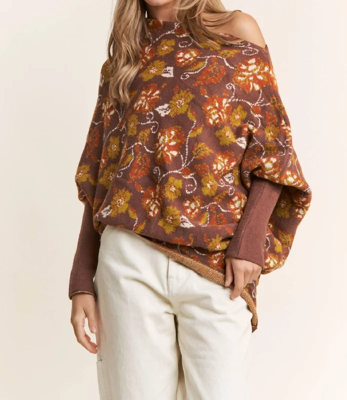 Sports Fitness Style Candance Floral Asymmetrical Long Sleeve Knit Poncho In Mars Brown