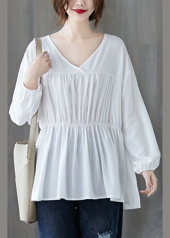 Trendy Traveler White Loose V Neck wrinkled Fall Long sleeve Shirt Top