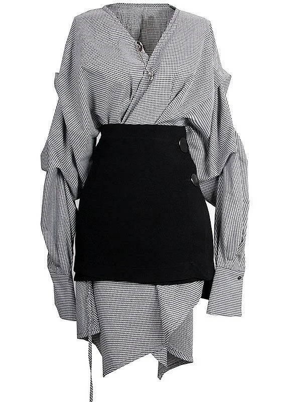 Wandering freely Plus Size Plaid V Neck asymmetrical designLong Sleeve Dress + Black Straight Skirt Two Pieces Set