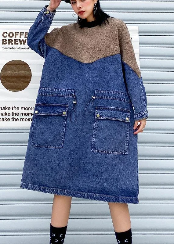 Sports Fitness Style Vivid Denim Blue Clothes Women Patchwork Drawstring Robe Spring Dresses