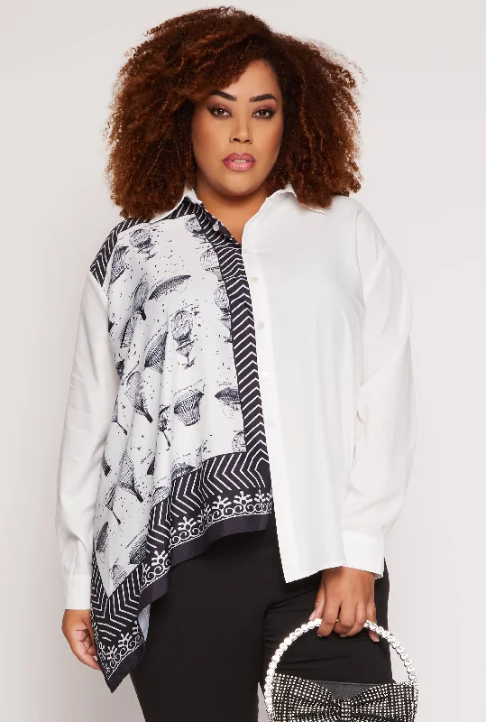 Sweet Words Plus Size Half Print Button Front Long Sleeve Shirt