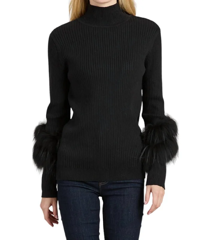 Design sense Cashmere Mock Neck With Fur Sweater In Black