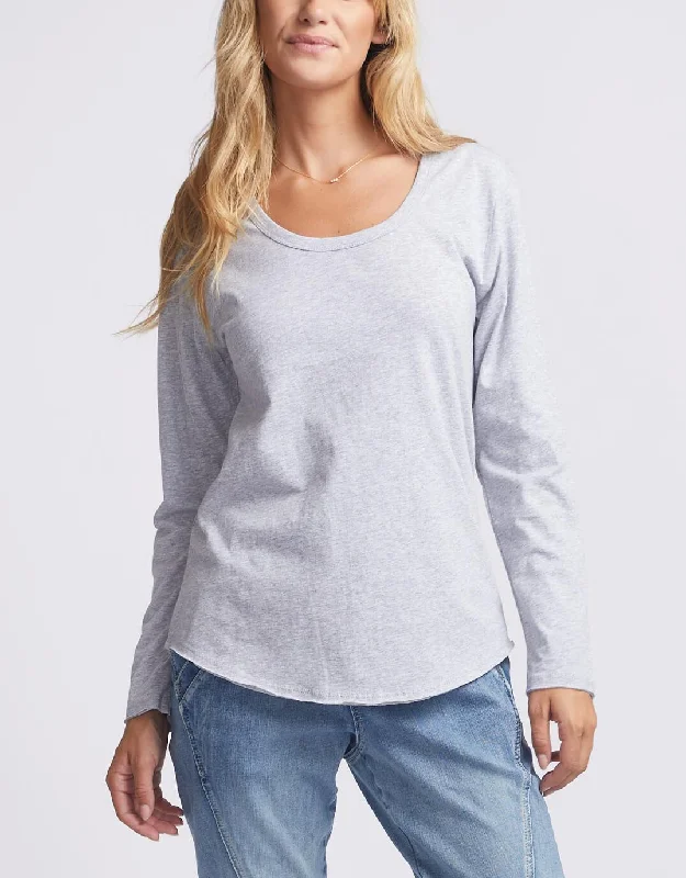 Extra long version Original Round Neck Long Sleeve T-Shirt - Grey Marle